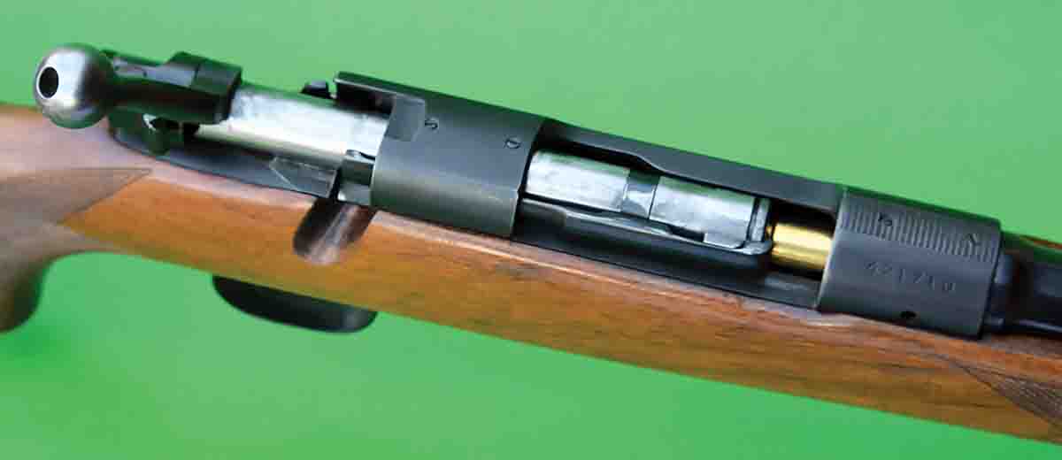 The Model 70 features control-round feeding. At this point, the cartridge has been stripped from the magazine and the rim has slipped underneath the extractor. The bolt and the shooter have complete control of the cartridge, which results in positive feeding and a high level of reliability.